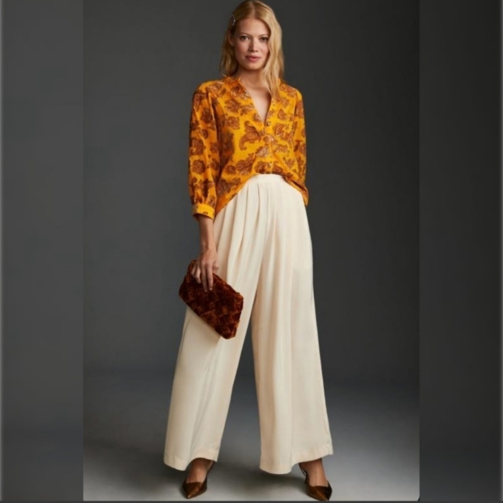 Anthropologie Pilcro Velvet Floral Appliqued Blouse Top In Gold Yellow - Picture 2 of 9